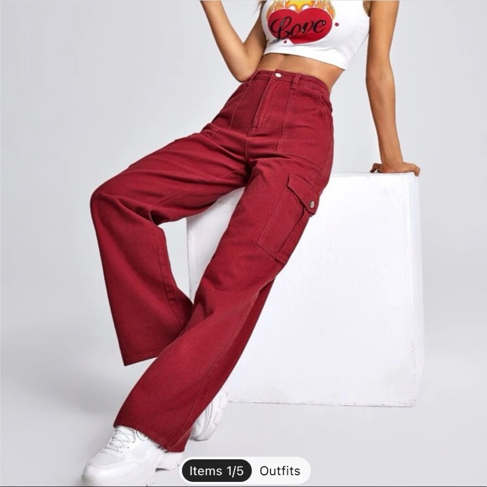 Shein High Waist Flap Pocket Wide Leg Jeans